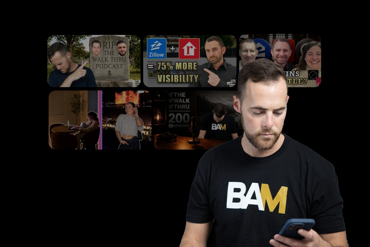 Man in a BAM shirt looks at his phone with a grid of video thumbnails in a dark background behind him.