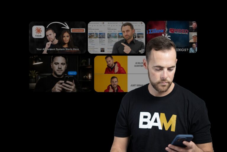 Man in a black BAM shirt looking at his smartphone, with a grid of video thumbnails floating in the dark background behind him.