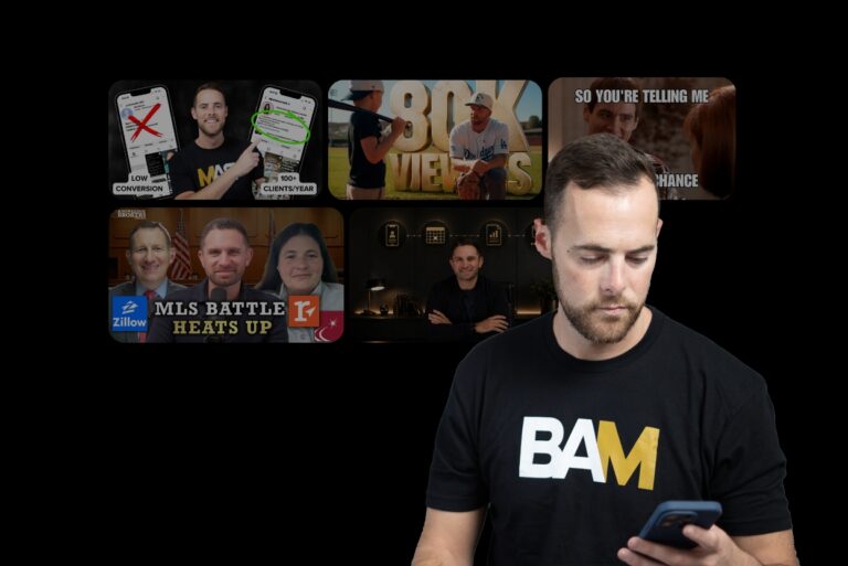 Man wearing a black BAM shirt looks at his phone, with a dark wall of video thumbnails behind him.