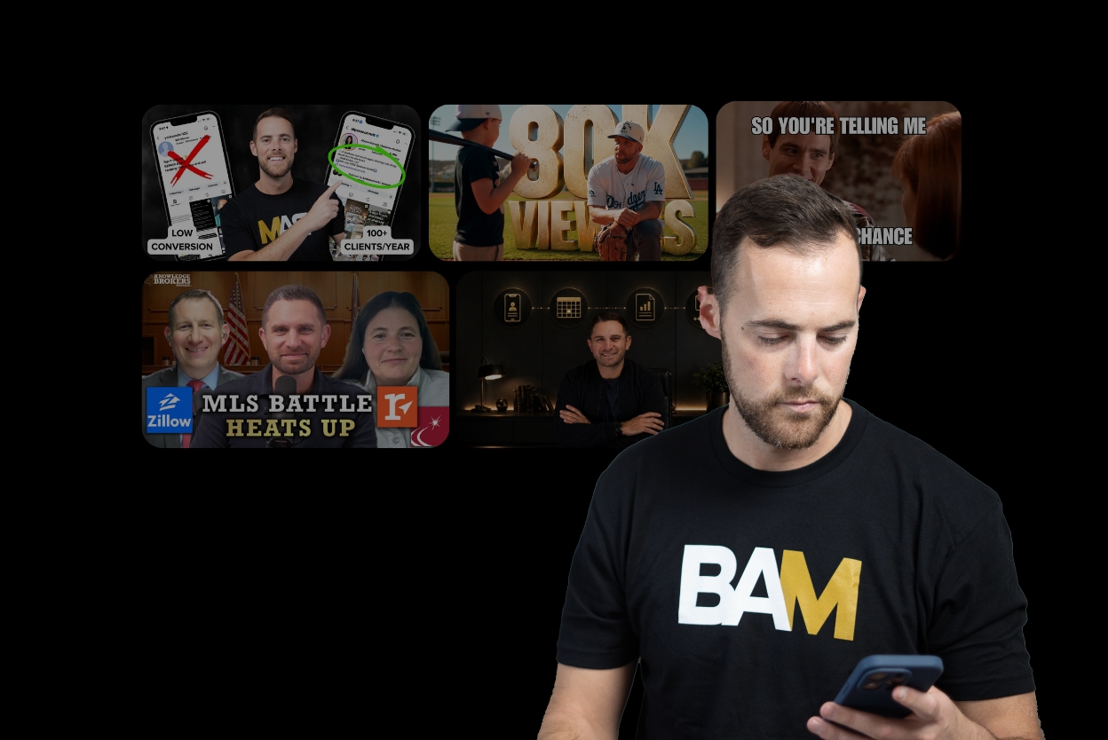 Man wearing a black BAM shirt looks at his phone, with a dark wall of video thumbnails behind him.