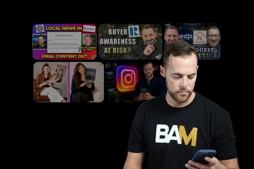 Man wearing a black BAM shirt looks at his phone as a collage of social media thumbnails appears on a black background behind him.