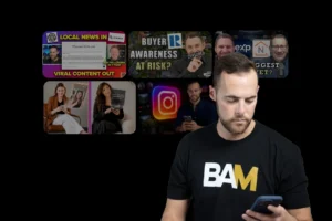 Man wearing a black BAM shirt looks at his phone as a collage of social media thumbnails appears on a black background behind him.