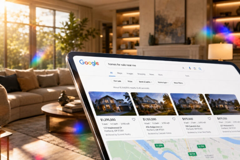 Laptop displaying Google search results for homes for sale in a bright living room.