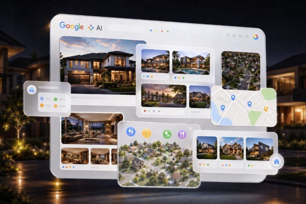Futuristic dashboard with floating panels showing luxury-home images, a map, and interior renders.