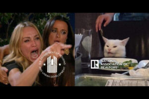 Two women scream at a dining table, with a hand pointing, while a white cat sits at a plate in the background and logos overlay the scene: HUD and NAR logos dominate the foreground.