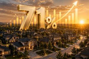 Golden 71% figure with rising arrow over a suburban neighborhood at sunset, with bar chart hints in the sky, suggesting growth in housing market