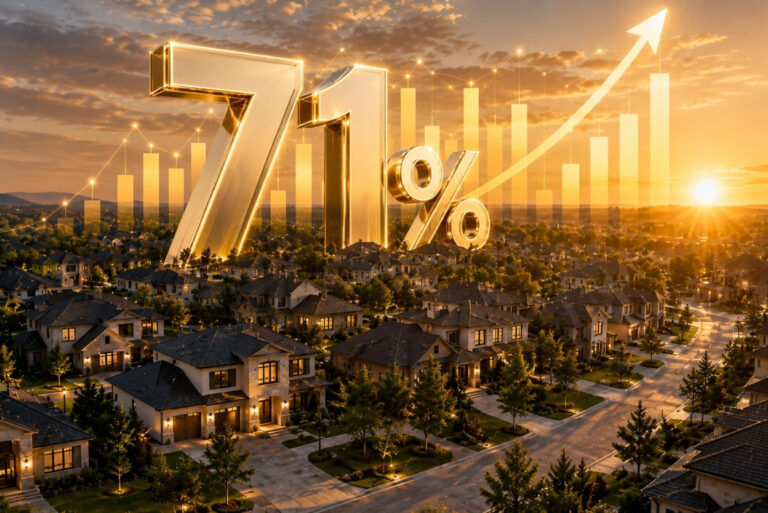 Golden 71% figure with rising arrow over a suburban neighborhood at sunset, with bar chart hints in the sky, suggesting growth in housing market