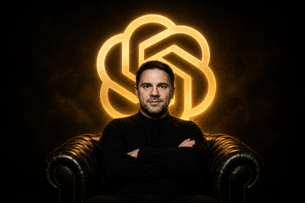 Man seated in a black sweater on a black leather chair, with a large glowing yellow neon logo behind him in a dark room.