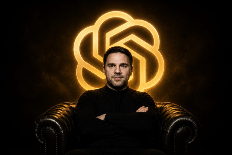 Man seated in a black sweater on a black leather chair, with a large glowing yellow neon logo behind him in a dark room.