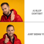 Top-left: man in a red puffer jacket against a yellow background, raising a stop gesture with a skeptical expression on his face.