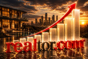 3D red 'realty.com' logo with a glowing ascending bar chart and city skyline at sunset, symbolizing growth.",