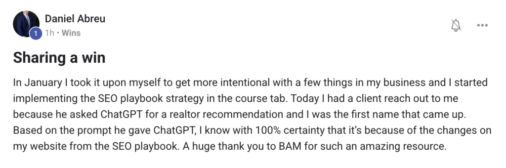 LinkedIn post by Daniel Abreu titled 'Sharing a win' describing an SEO playbook update and a client reaching out after ChatGPT prompt use.