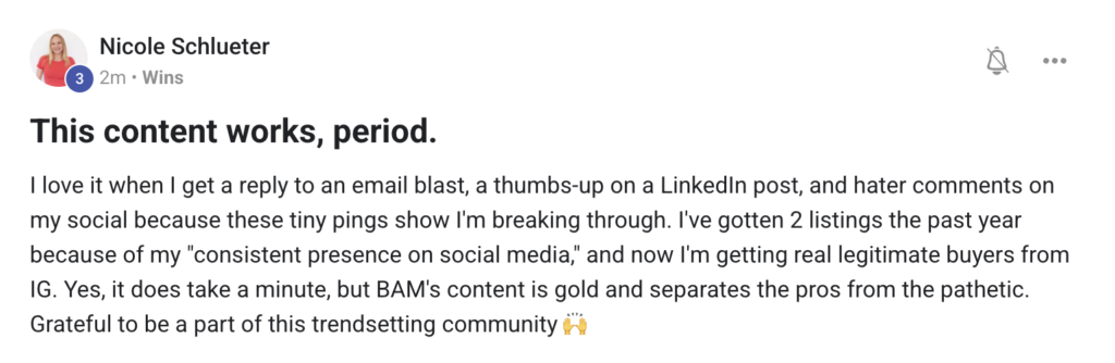 LinkedIn-style post from Nicole Schlueter with profile photo, heading “This content works, period.” and a paragraph praising engagement and community.