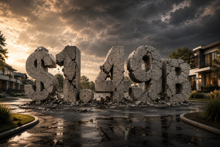 Large cracked concrete letters spelling 'S1498' stand in a wet, stormy suburban roundabout at sunset.