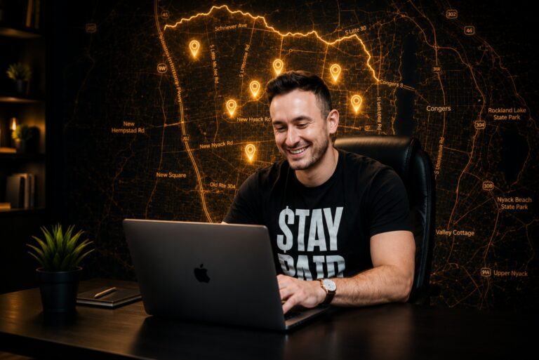 Smiling man in a black shirt sits at a desk using a laptop, with a neon orange map and location pins on the wall behind him.