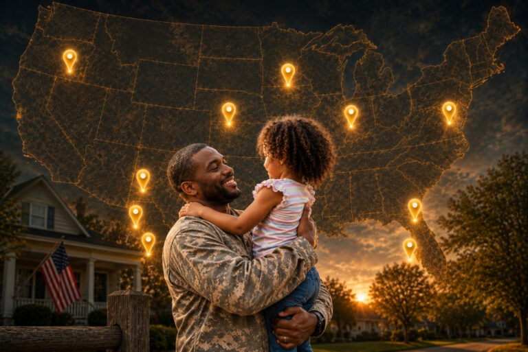 Soldier in camouflage holding a child in front of a glowing map of the United States with orange location pins at sunset.