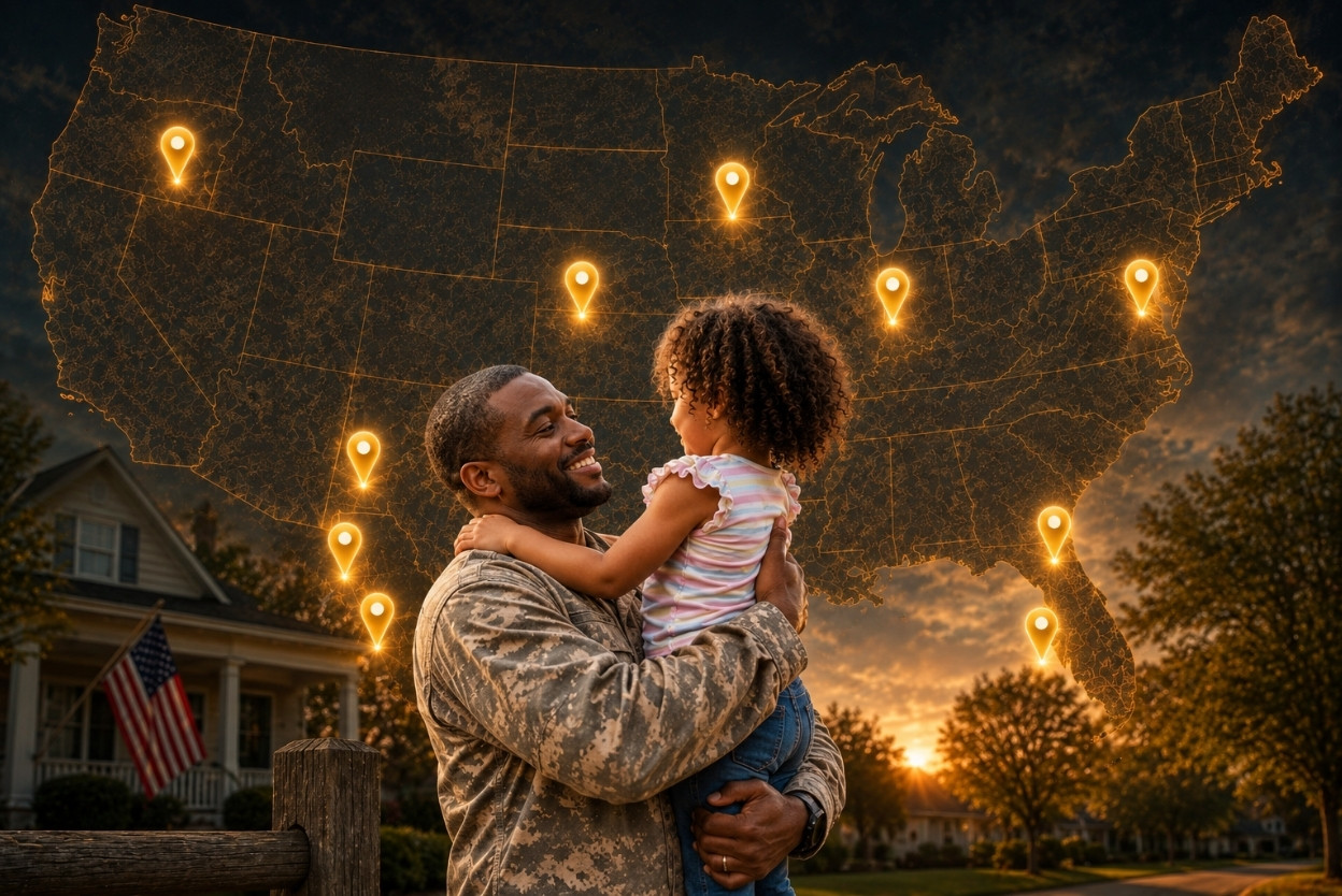Soldier in camouflage holding a child in front of a glowing map of the United States with orange location pins at sunset.
