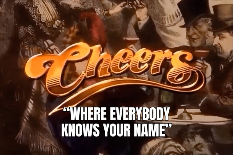 Orange 'Cheers' logo over a collage背景 with the caption 'Where everybody knows your name'