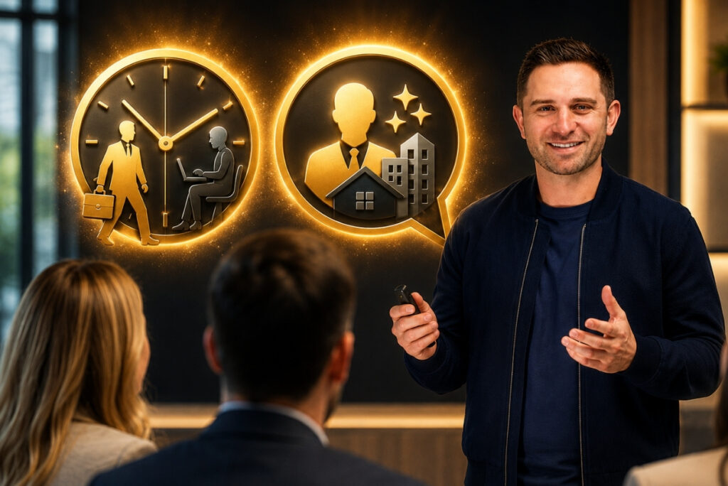 Presenter smiling at a slide with glowing icons: a clock and a business figure with a house behind him, as the audience watches
