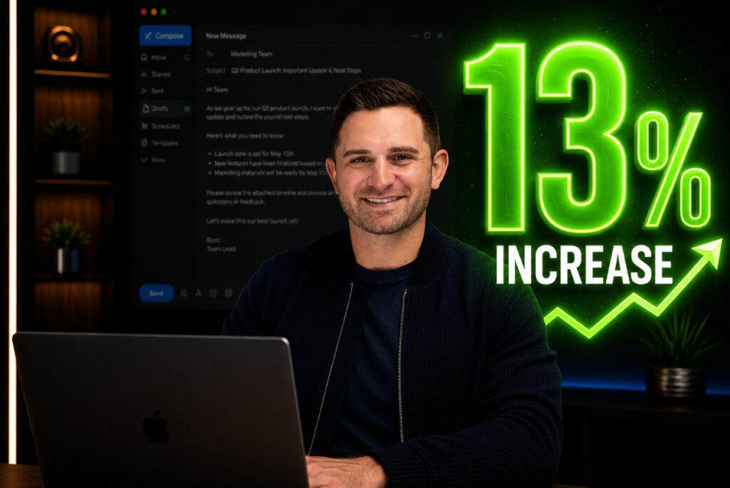 Man smiling at a laptop with a large neon '13% INCREASE' graphic glowing to the right.