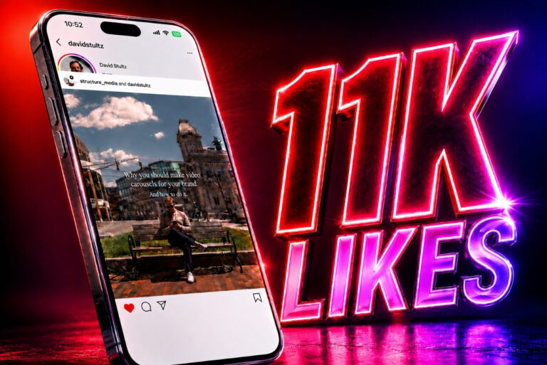 Smartphone showing an Instagram post with a city photo, set against a bright neon '11K LIKES' sign in the background.