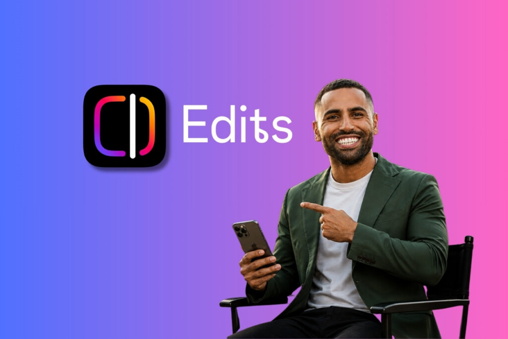 Promotional hero showing the Edits app logo and the word 'Edits' with a smiling man in a green blazer holding a smartphone on a purple-pink gradient background.