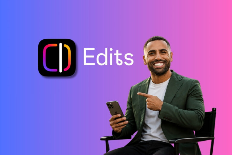 Promotional hero showing the Edits app logo and the word 'Edits' with a smiling man in a green blazer holding a smartphone on a purple-pink gradient background.
