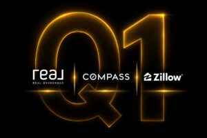 Glowing gold 'Q1' neon graphic with Real Broker, Compass, and Zillow logos on a black background