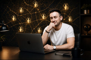 Man at a desk with a laptop, thinking, as a glowing network of user icons and dollar signs lights up the dark wall behind him.