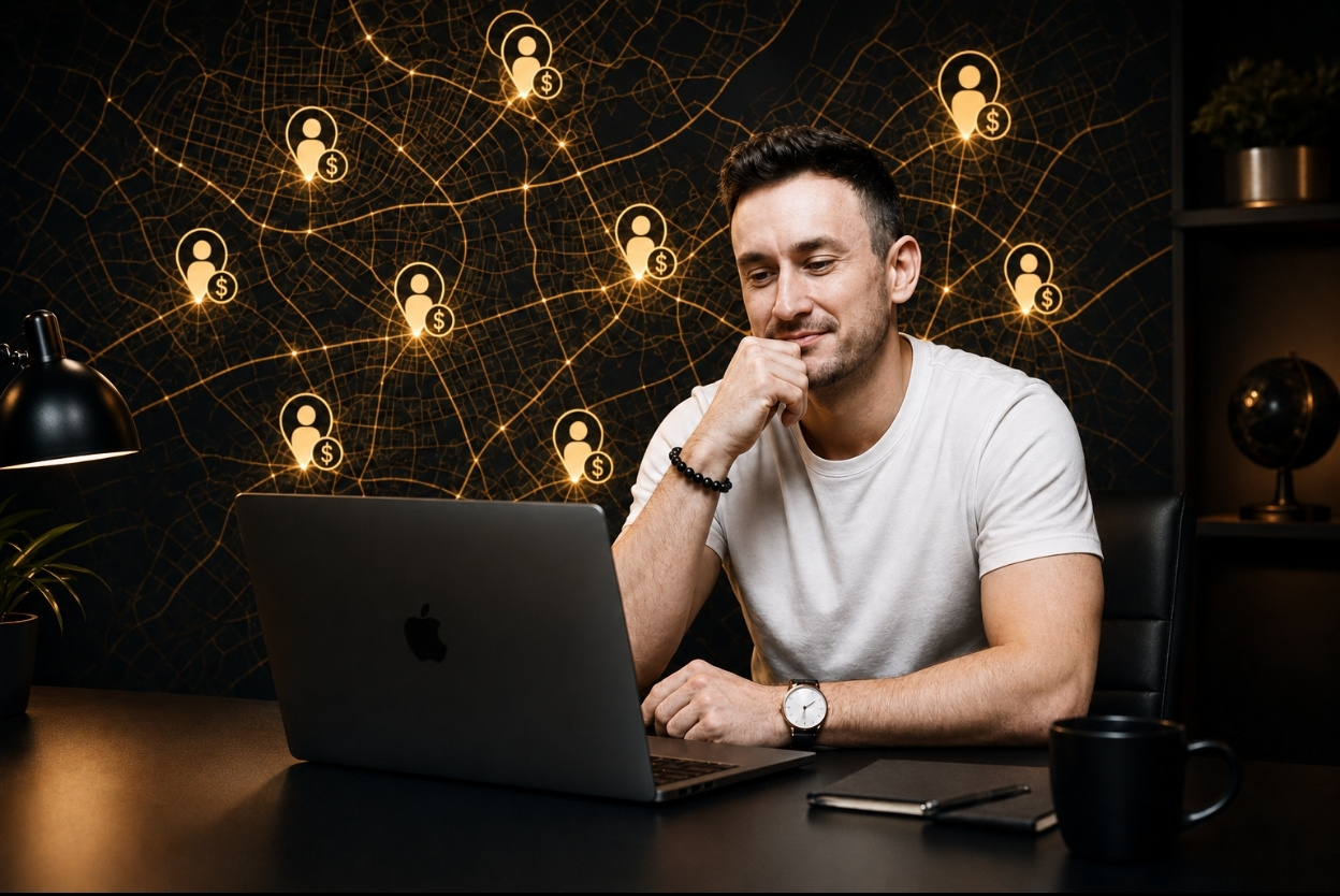 Man at a desk with a laptop, thinking, as a glowing network of user icons and dollar signs lights up the dark wall behind him.