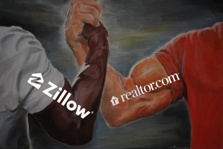 Two muscular arms arm-wrestling in a dark backdrop, with Zillow and Realtor.com logos overlayed across them.