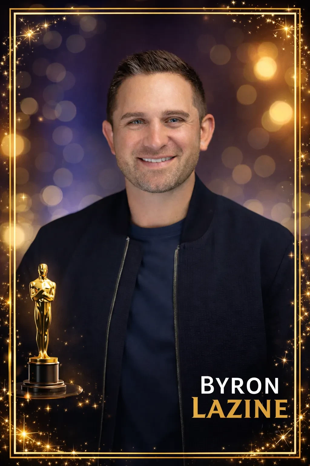 Smiling man in a dark jacket inside a gold framed border with an Oscar statue on the left and 'BYRON LAZINE' text in the corner.