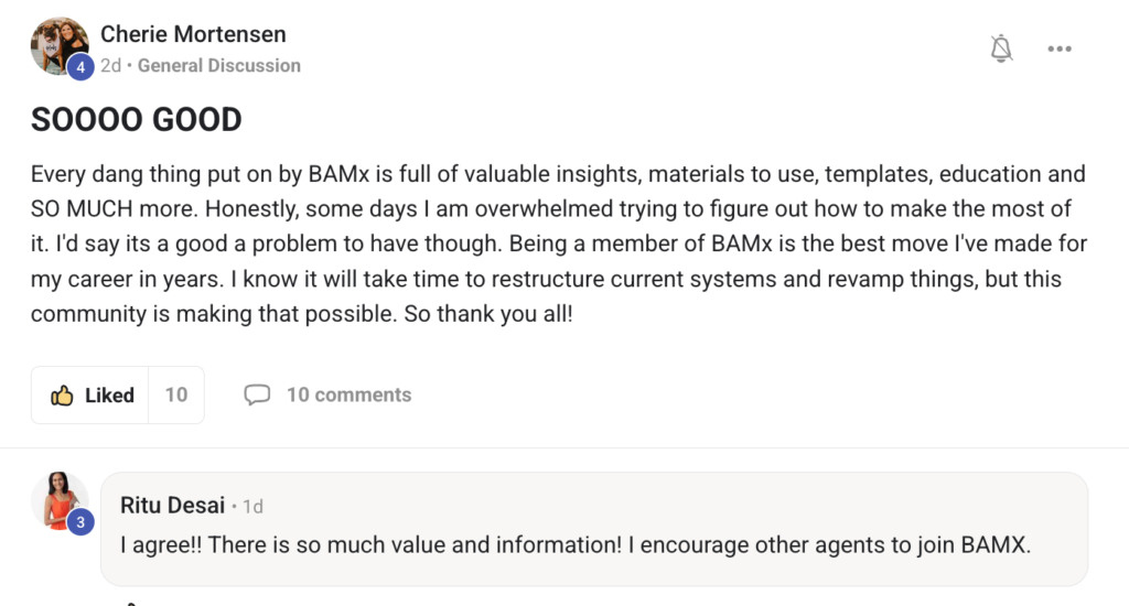 Cherie Mortensen's post titled 'SOOOO GOOD' praising BAMx and its value to the community.