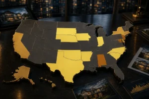 2026_Housing_Affordability_Report_Cards_for_All_50_States - BAM - BAM Color-coded US map on a dark desk; yellow and orange states stand out against gray background.
