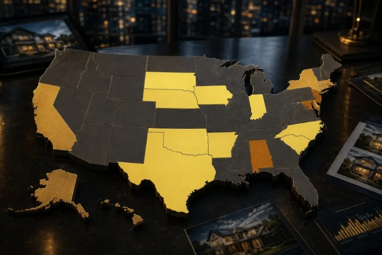2026_Housing_Affordability_Report_Cards_for_All_50_States - BAM - BAM Color-coded US map on a dark desk; yellow and orange states stand out against gray background.