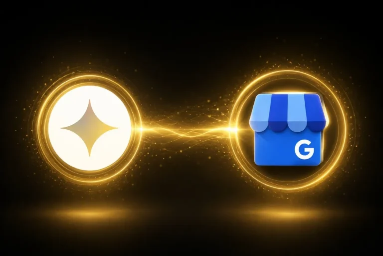 Glowing gold circular badge with a white star on the left, connected by a bright line to Google's blue storefront icon on the right.