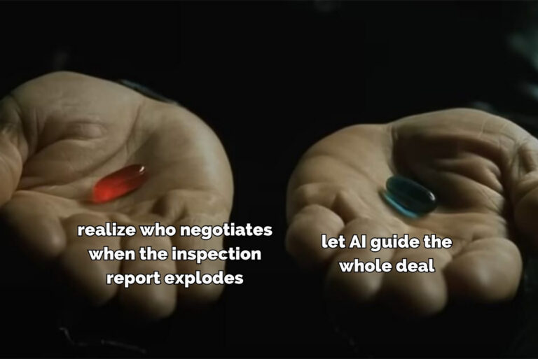 53% of Buyers Say They'd Purchase a Home With No Human Help - BAM - BAM Two cupped hands hold a red pill (left) and a teal pill (right) with bold meme captions about AI guiding the deal after an inspection report explodes/surfaces issues.