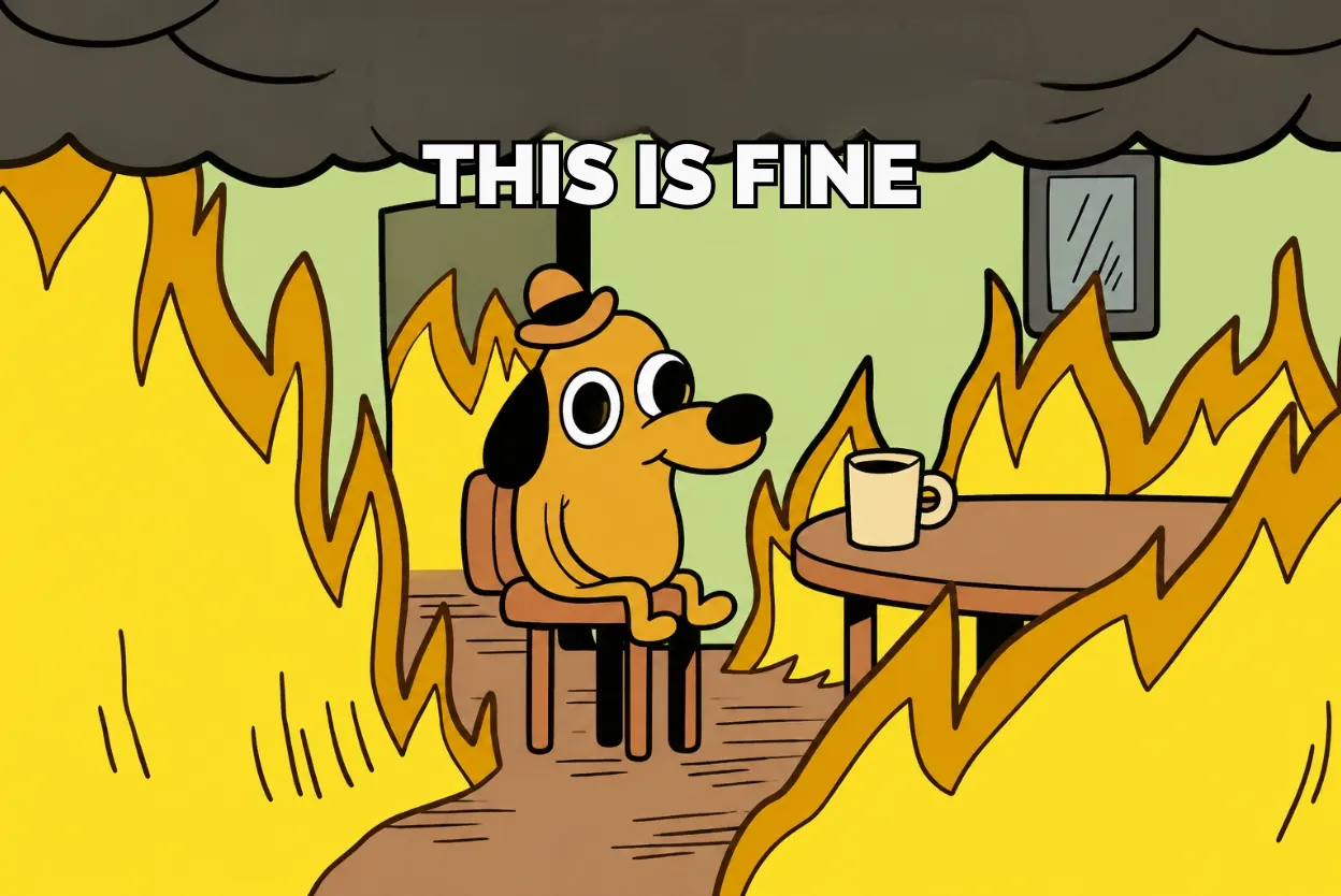 Cartoon dog sitting calmly at a table as flames engulf the room, with the caption 'THIS IS FINE'.