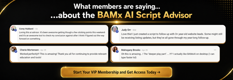 Testimonial layout with four user comments about BAMx AI Script Advisor and a gold 'Start Your VIP Membership and Get Access Today' button.