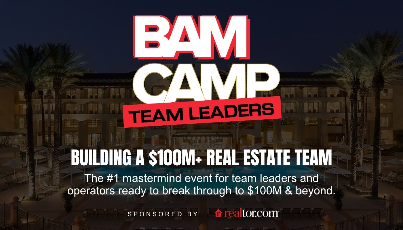 Promotional banner for BAM CAMP Team Leaders: “Building a 0M+ Real Estate Team,” sponsored by realtor.com.