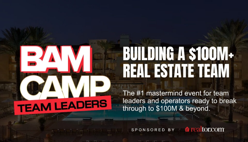 Promotional banner with BAM CAMP Team Leaders text over a night poolside resort background.