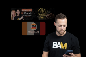 Man in a BAM shirt looking at his phone; three promo banners hover above him for Claude tutorial, AI search, and BAM BBQ event date.