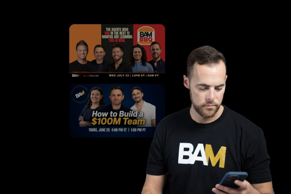 Man in a black BAM shirt looking at his phone with two BAM event banners in the background on a black backdrop.