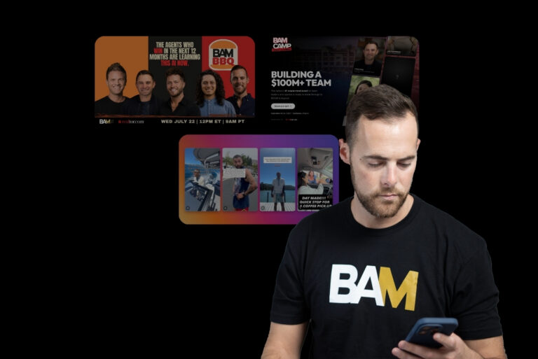 Man in a BAM shirt looking at his phone with promotional banners in the background and a black backdrop.