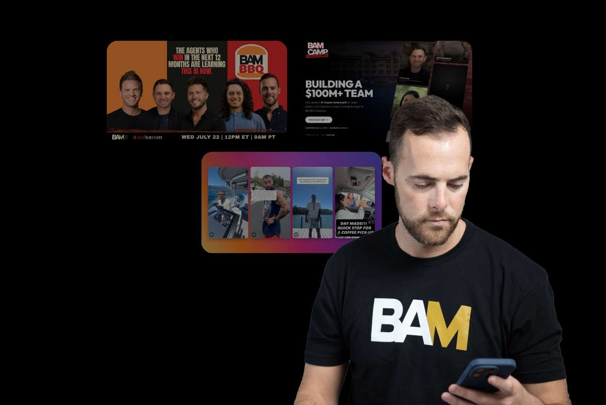 Man in a BAM shirt looking at his phone with promotional banners in the background and a black backdrop.