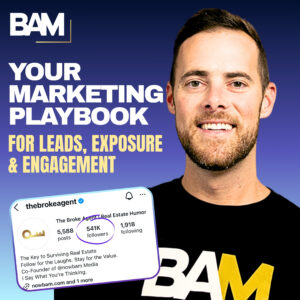 Promotional poster featuring a smiling man with bold white text about marketing and engagement services on a blue gradient background.