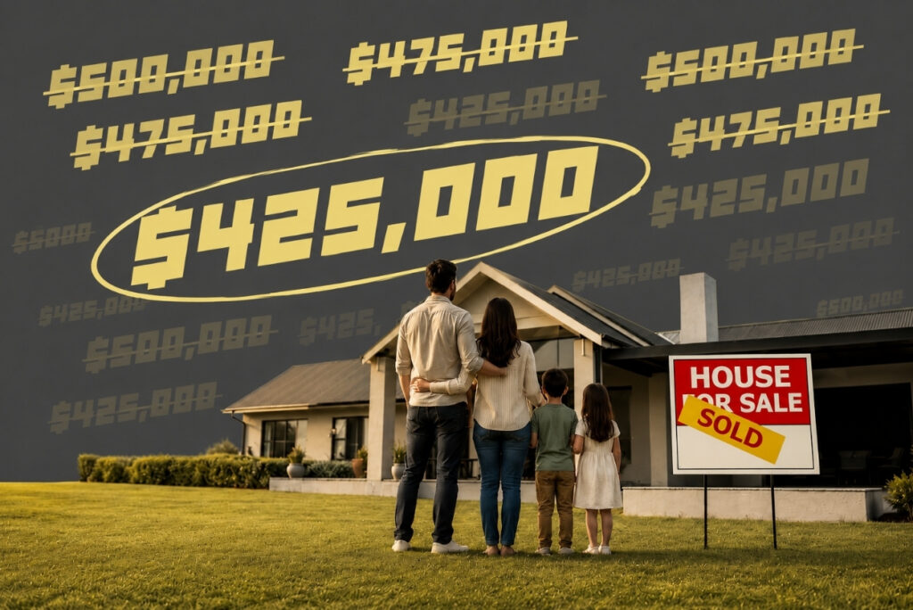 A family of four stands on a lawn looking at a house for sale, with a red 'House for Sale' sign saying 'SOLD' and oversized price numbers projected on a dark wall behind them.