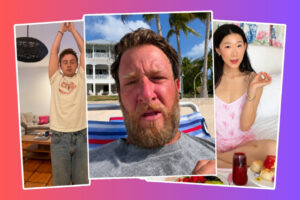 How Real Estate Agents Can Build a Local Audience Using Lo-Fi Social Media Content - BAM Triptych collage: left man indoors stretching arms overhead, center bearded man sweating on a sunny beach, right woman in pink with breakfast at a table.
