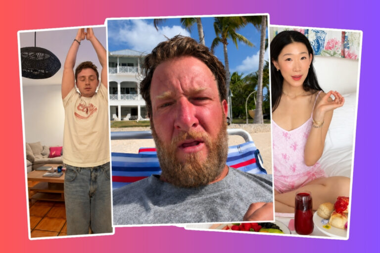 Triptych collage: left man indoors stretching arms overhead, center bearded man sweating on a sunny beach, right woman in pink with breakfast at a table.