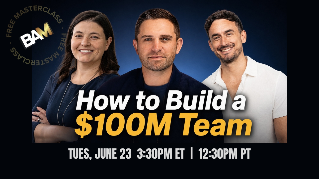 Promo banner featuring three presenters for a webinar: 'How to Build a $100M Team' with date/time below